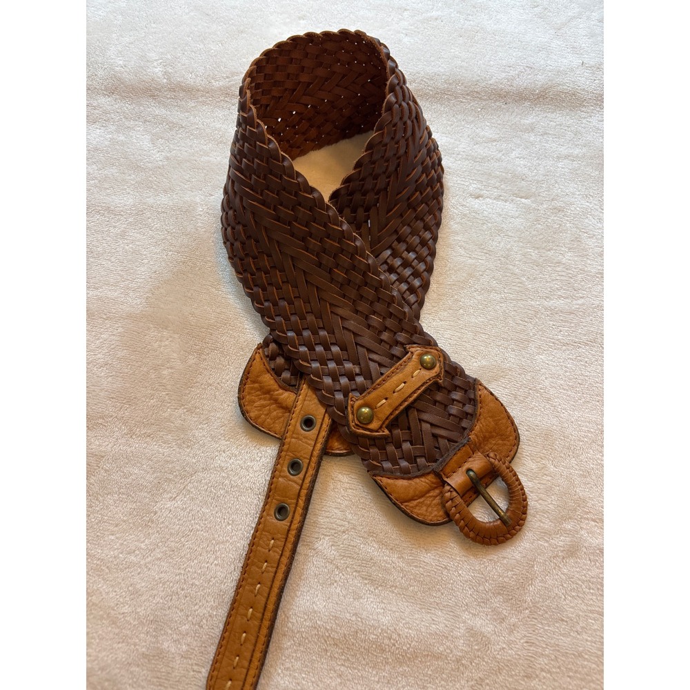 French Connection Brown Woven Leather Wide Waist Belt Boho Studded Size Small